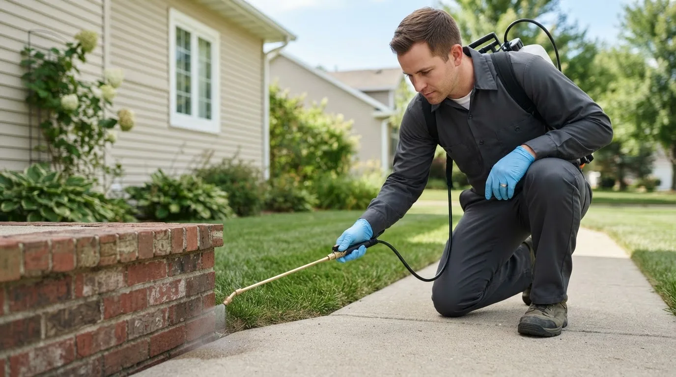 Pest control technician treating a home near Lawrence, NY